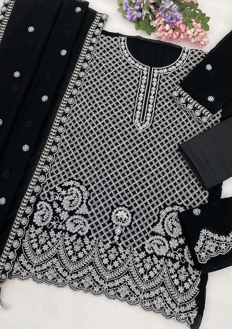 Black Sequin Work Georgette Sharara Set - Indya