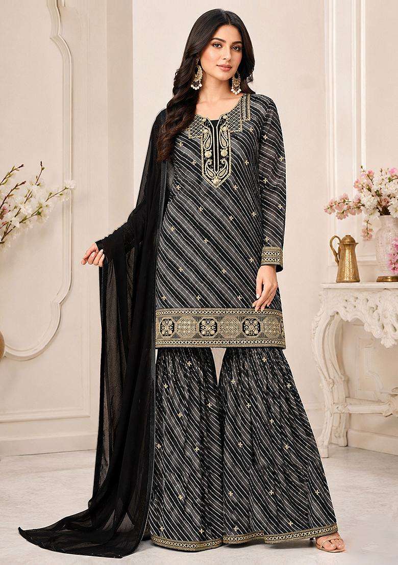 Black Sequin Work Georgette Sharara Set - Indya