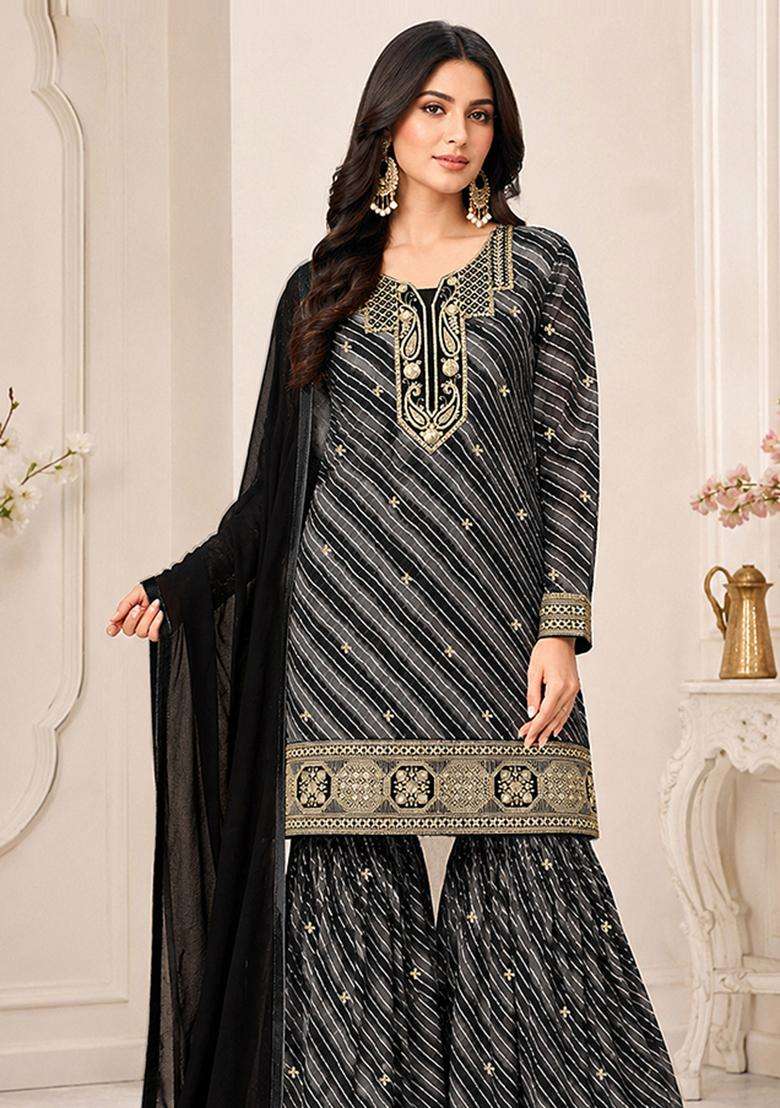 Black Sequin Work Georgette Sharara Set - Indya