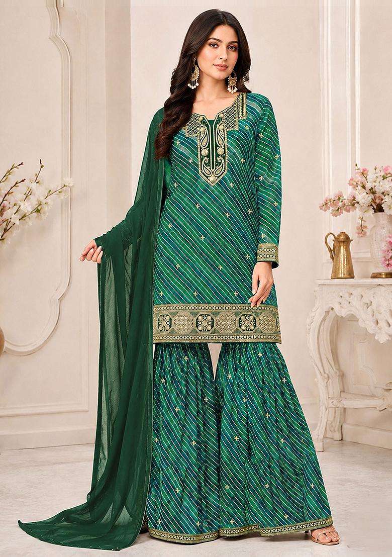 Emerald Sequin Work Georgette Sharara Set - Indya