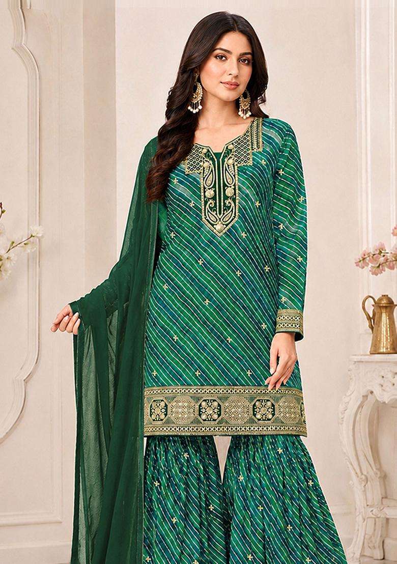 Emerald Sequin Work Georgette Sharara Set - Indya