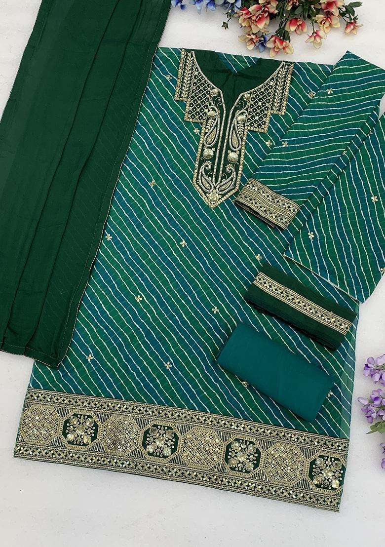 Emerald Sequin Work Georgette Sharara Set - Indya