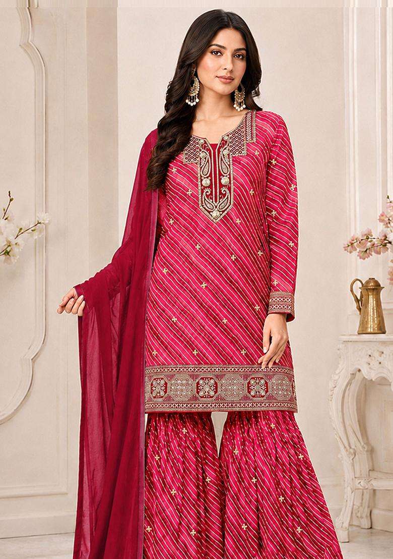 Magenta Sequin Work Georgette Sharara Set - Indya