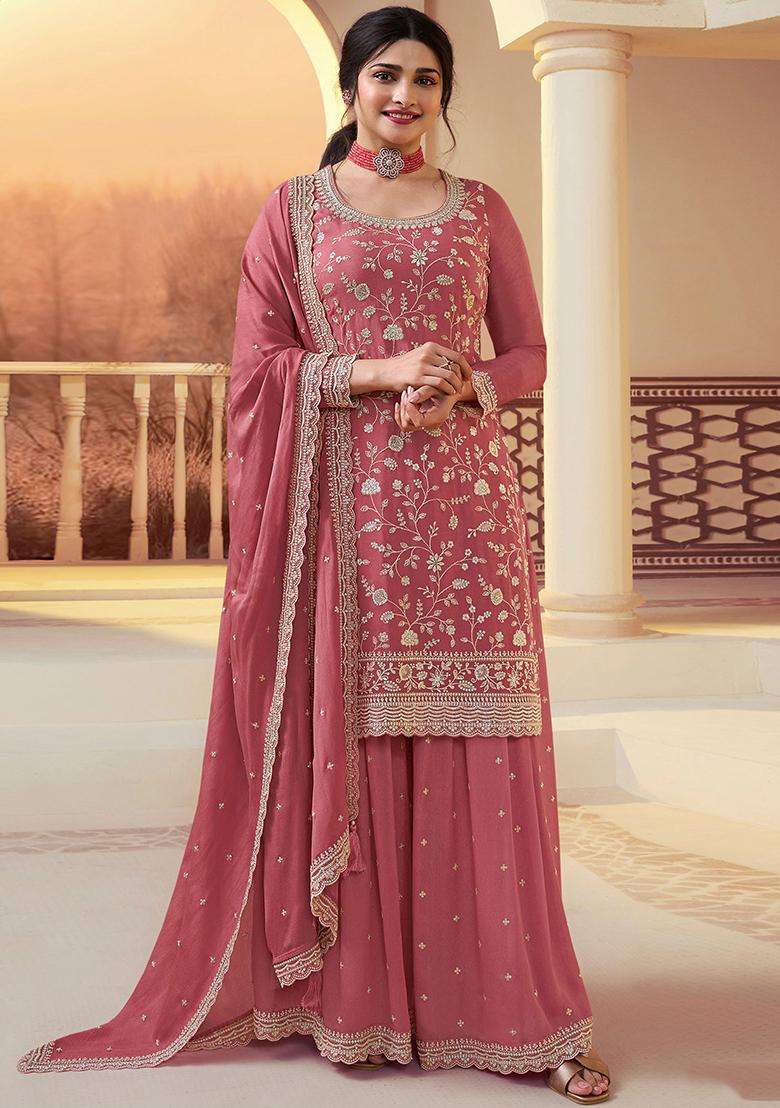 Peach Sequin Work Silk Sharara Set - Indya