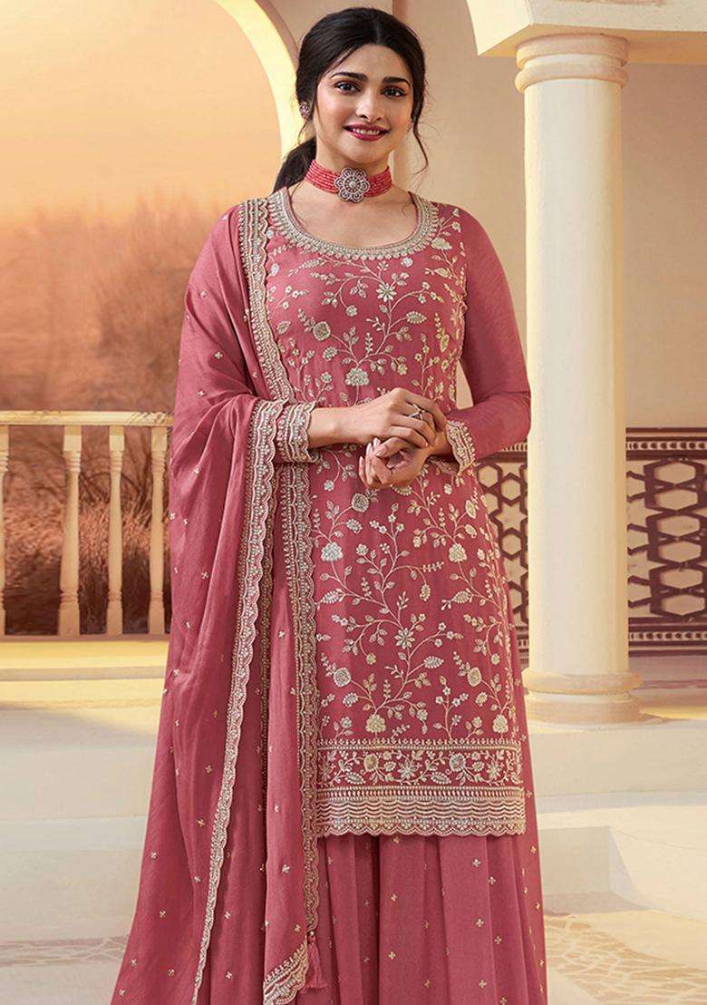Peach Sequin Work Silk Sharara Set - Indya