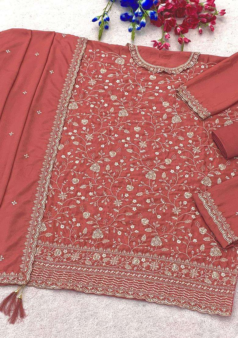 Peach Sequin Work Silk Sharara Set - Indya