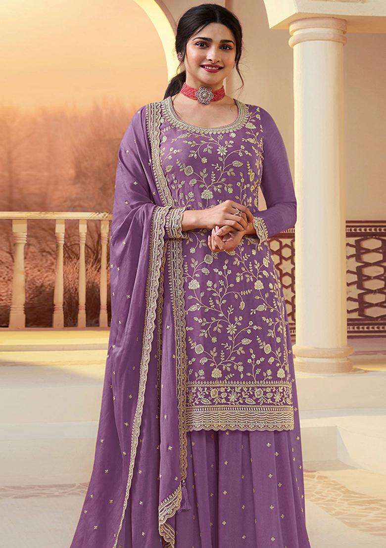 Purple Sequin Work Silk Sharara Set - Indya