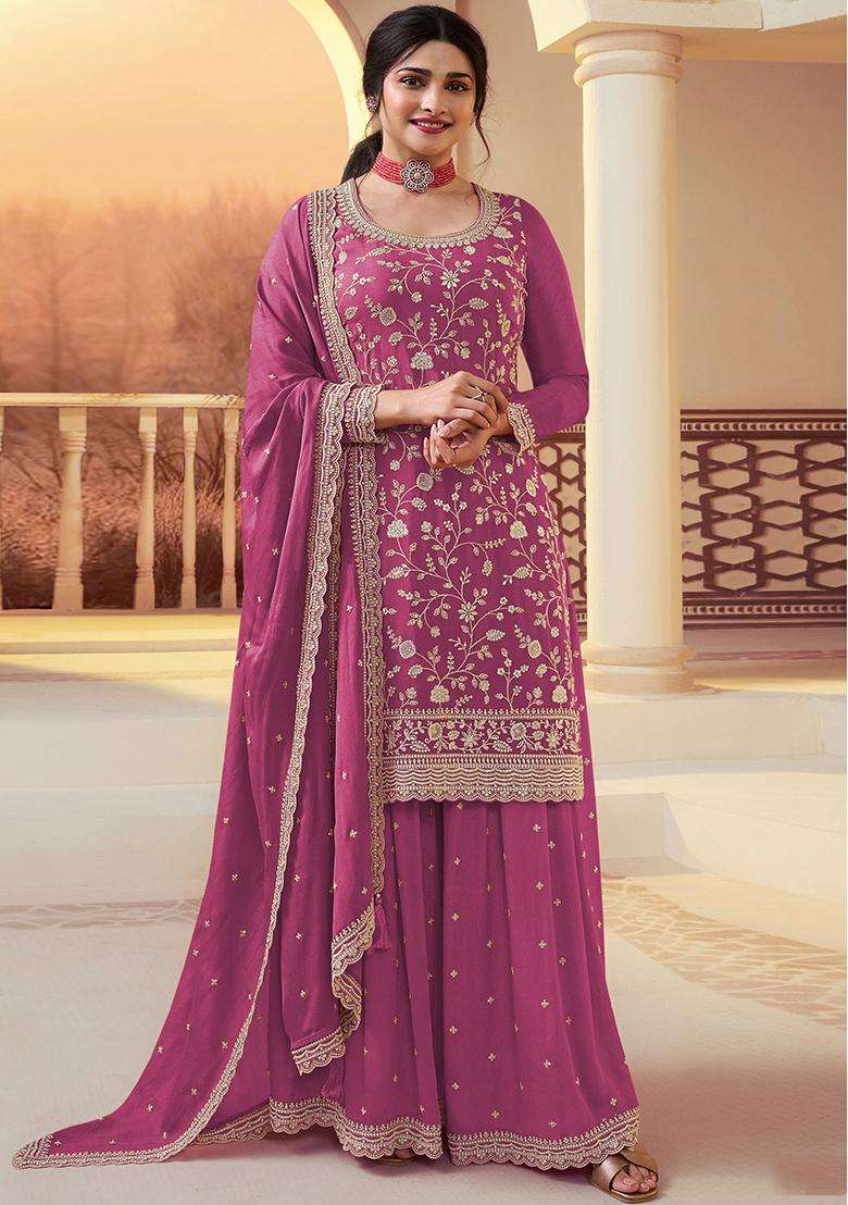 Magenta Sequin Work Silk Sharara Set - Indya