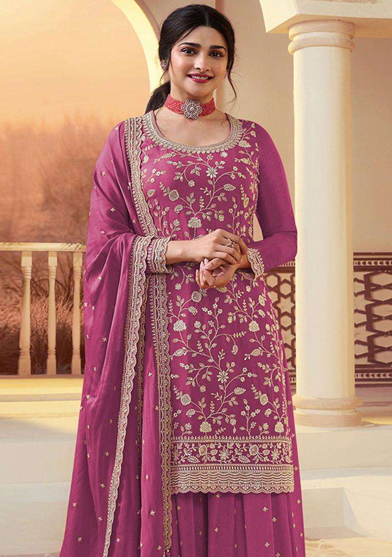 Magenta Sequin Work Silk Sharara Set - Indya