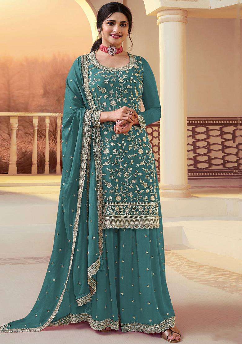 Teal Sequin Work Silk Sharara Set - Indya