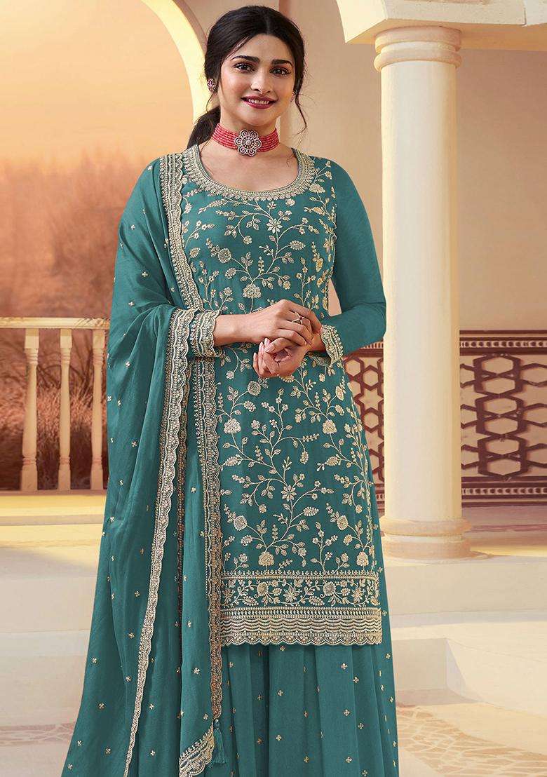 Teal Sequin Work Silk Sharara Set - Indya