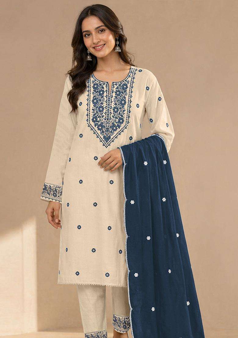 Cream Embroidery Cotton Kurta Set - Indya