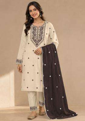 Cream Embroidery Cotton Kurta Set