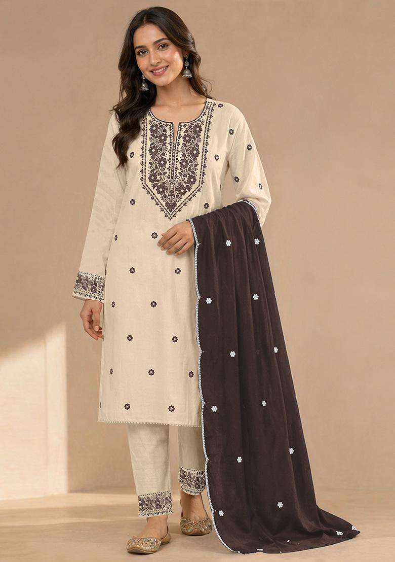 Cream Embroidery Cotton Kurta Set - Indya