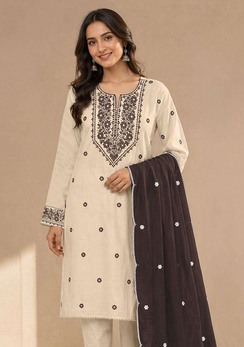 Cream Embroidery Cotton Kurta Set - Indya