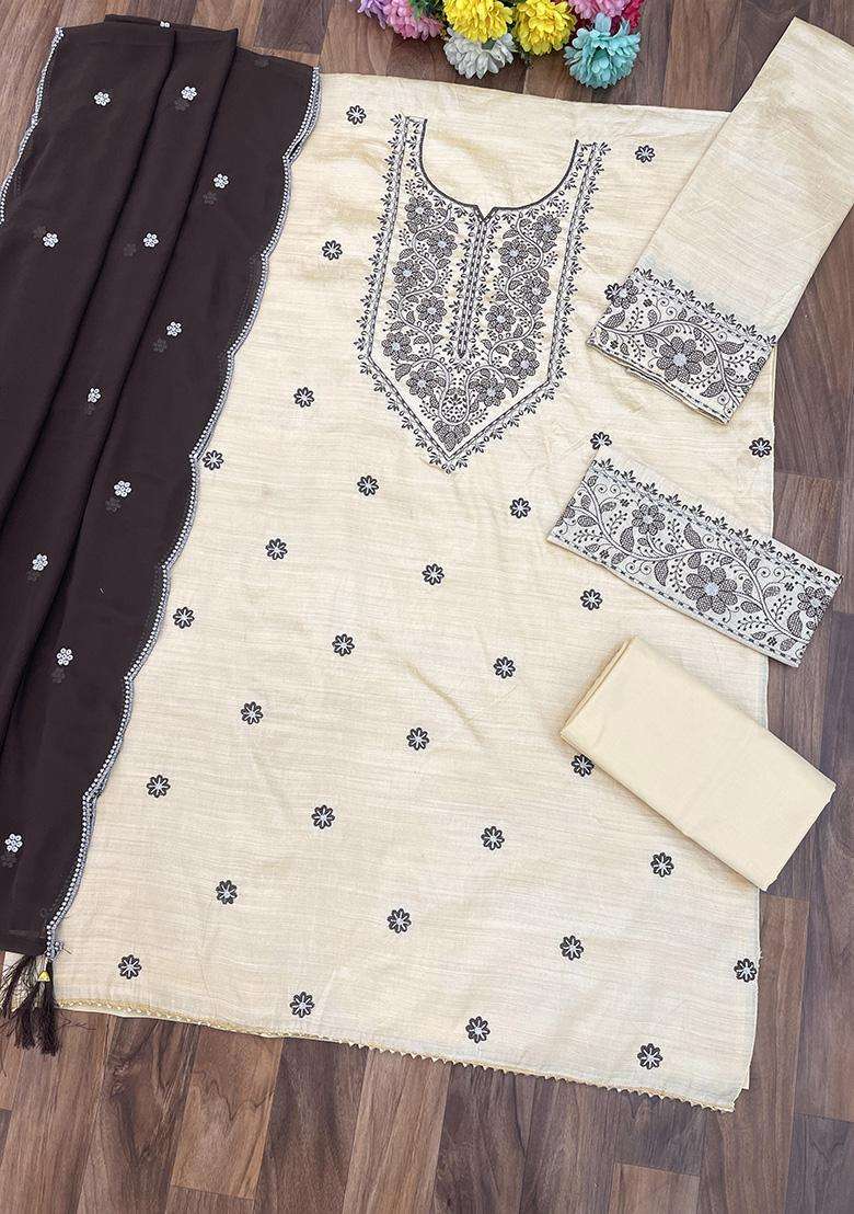 Cream Embroidery Cotton Kurta Set - Indya