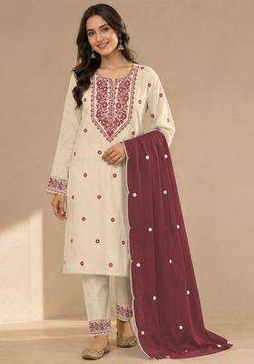 Cream Embroidery Cotton Kurta Set