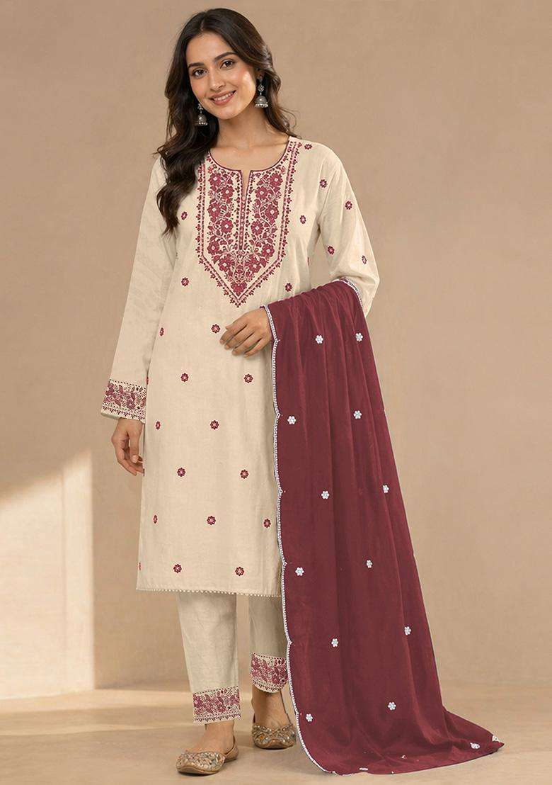 Cream Embroidery Cotton Kurta Set - Indya