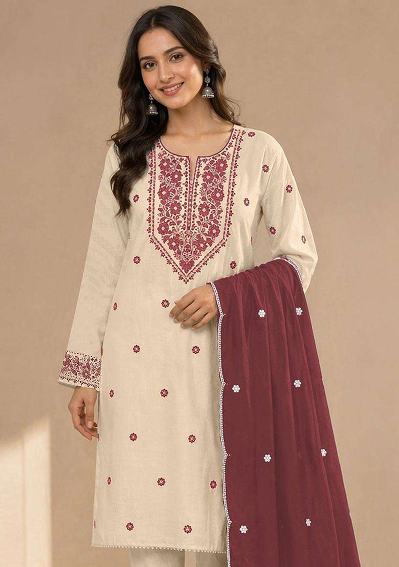 Cream Embroidery Cotton Kurta Set - Indya