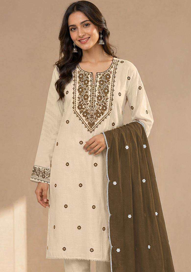 Cream Embroidery Cotton Kurta Set - Indya