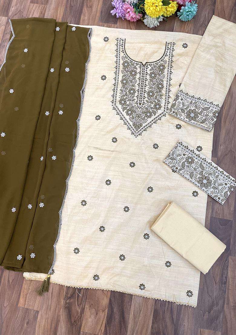 Cream Embroidery Cotton Kurta Set - Indya