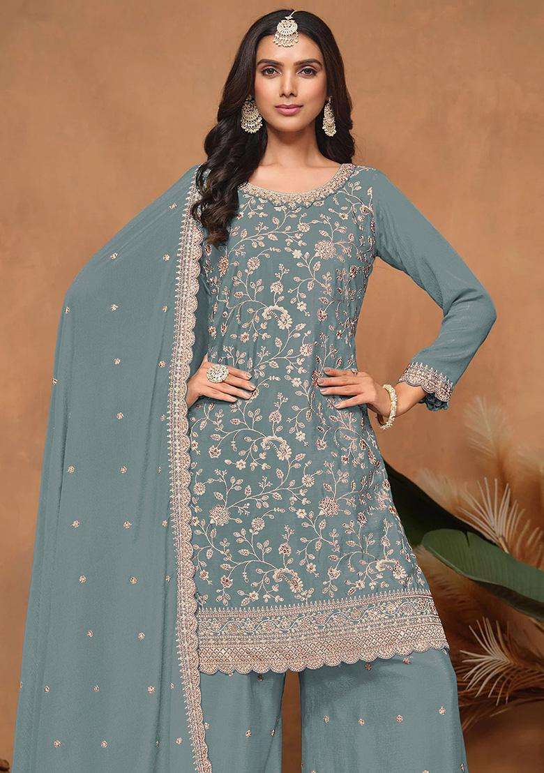 Dusty Floral Print Silk Palazzo Set - Indya