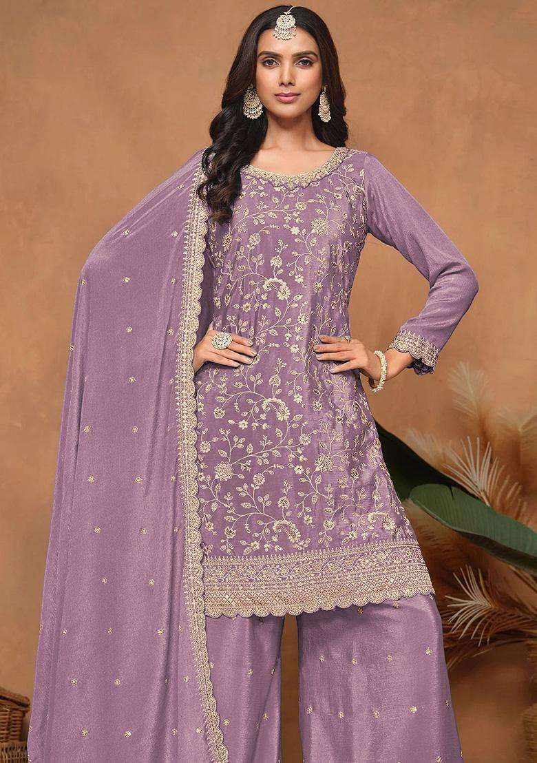 Lavender Floral Print Silk Palazzo Set - Indya