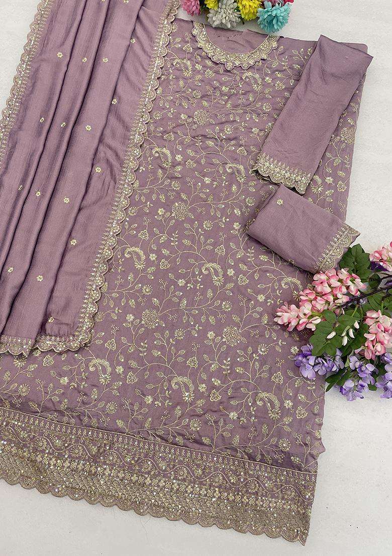 Lavender Floral Print Silk Palazzo Set - Indya