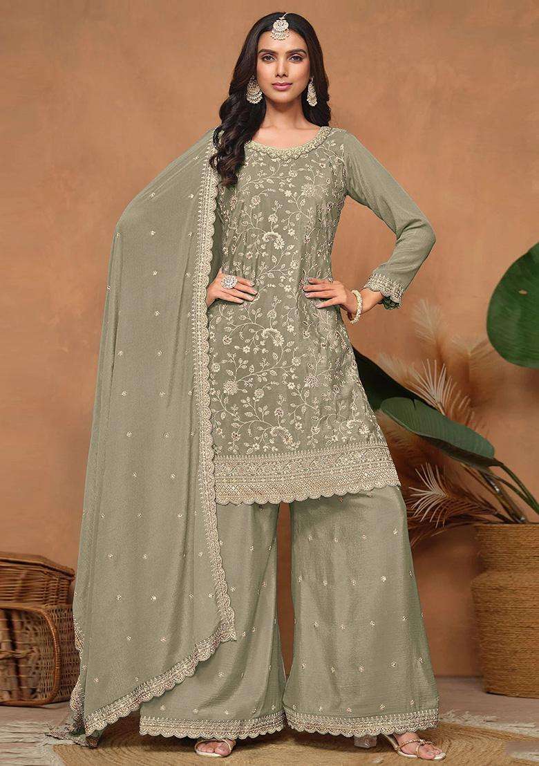Olive Floral Print Silk Palazzo Set - Indya