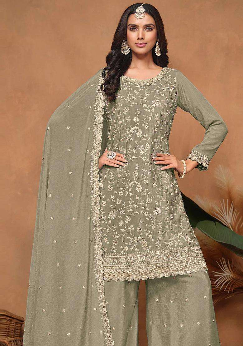 Olive Floral Print Silk Palazzo Set - Indya