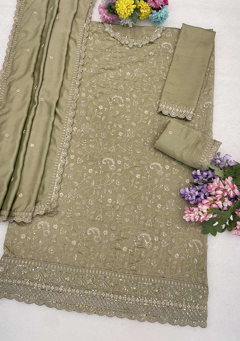 Olive Floral Print Silk Palazzo Set - Indya