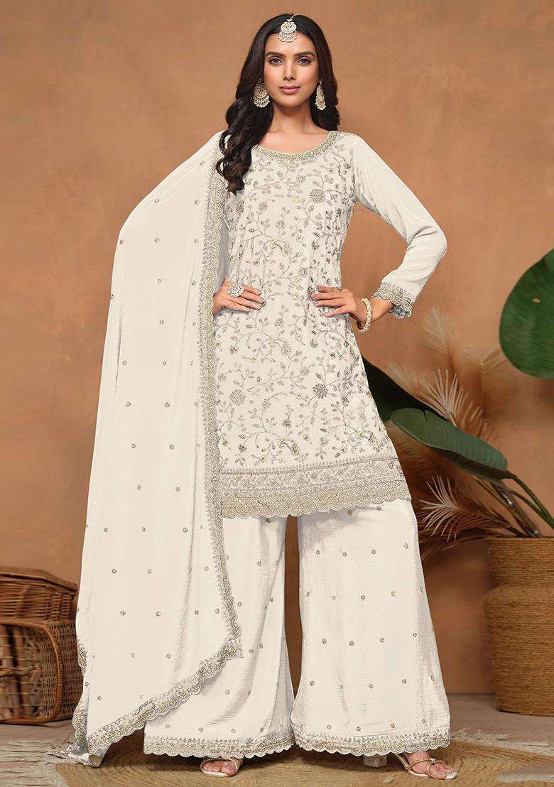 Off Floral Print Silk Palazzo Set - Indya