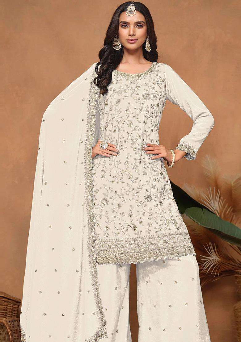 Off Floral Print Silk Palazzo Set - Indya