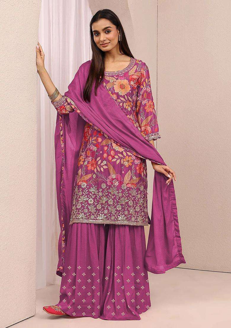 Pink Sequin Work Silk Sharara Set - Indya