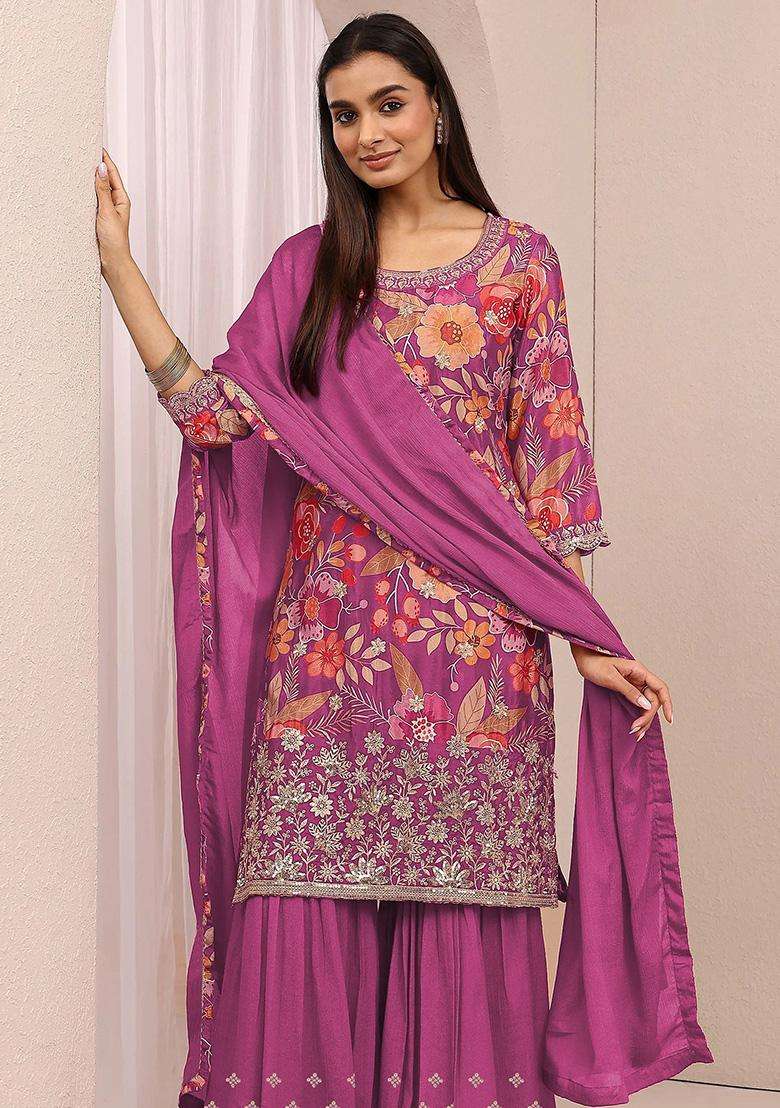 Pink Sequin Work Silk Sharara Set - Indya
