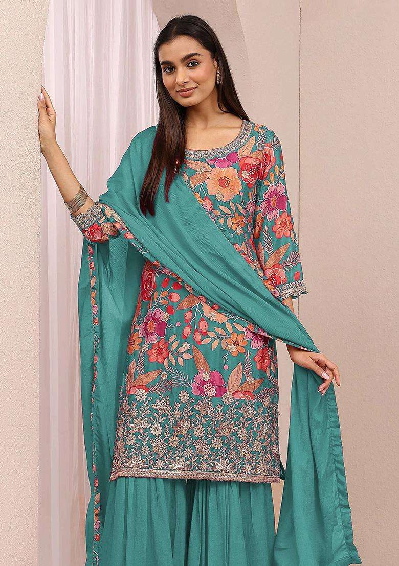 Teal Sequin Work Silk Sharara Set - Indya