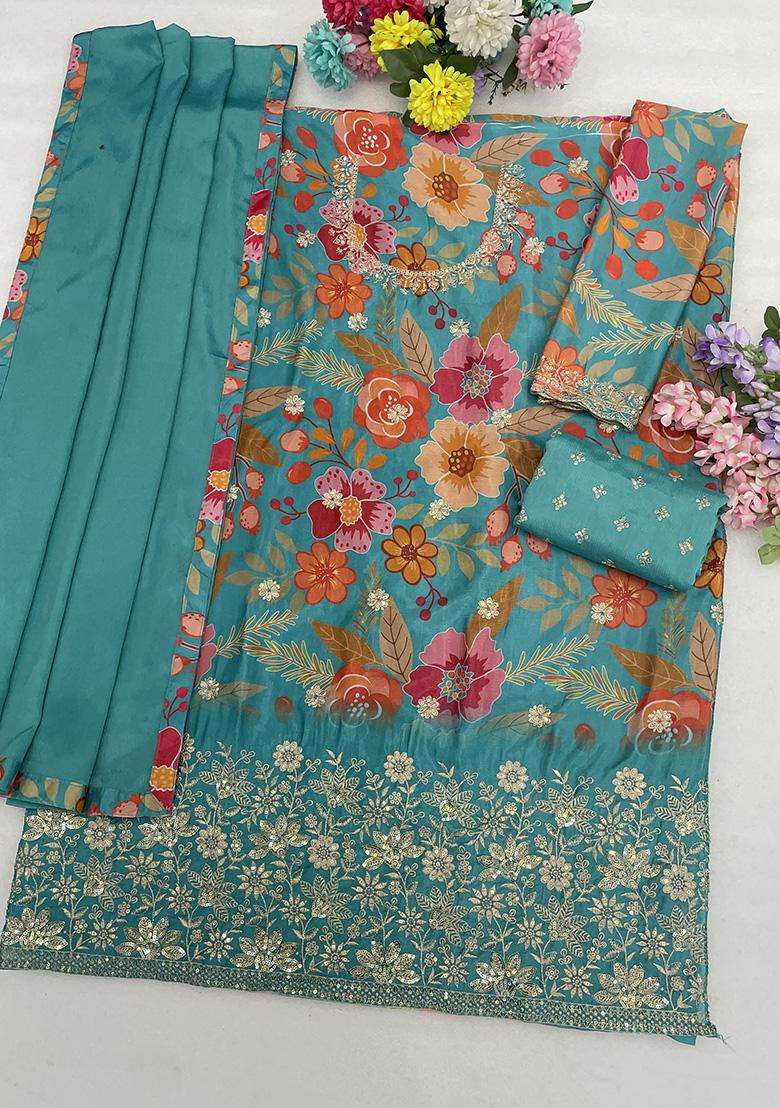 Teal Sequin Work Silk Sharara Set - Indya