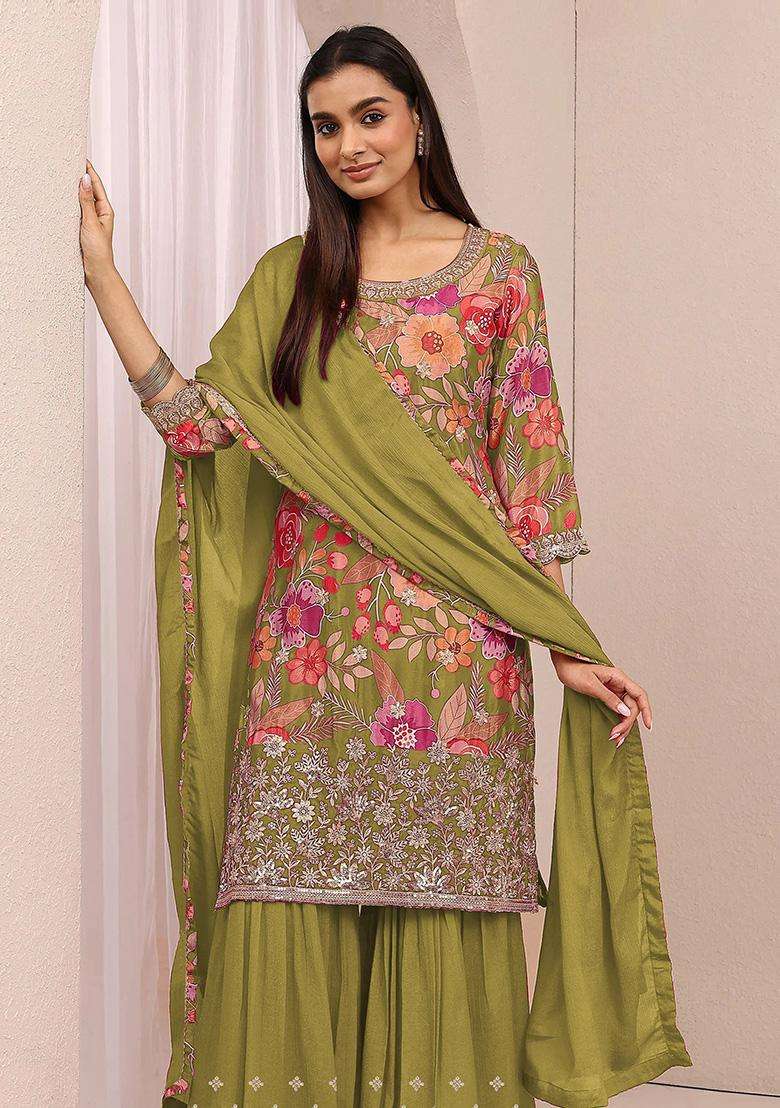 Mehendi Sequin Work Silk Sharara Set - Indya