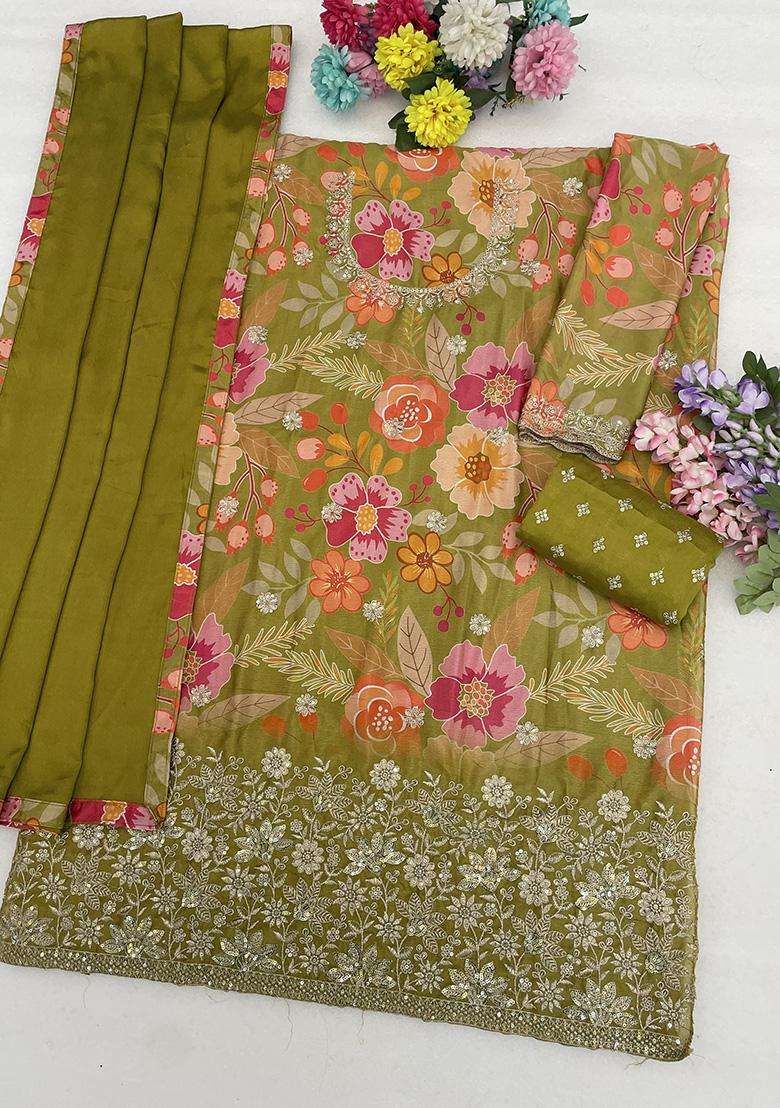 Mehendi Sequin Work Silk Sharara Set - Indya
