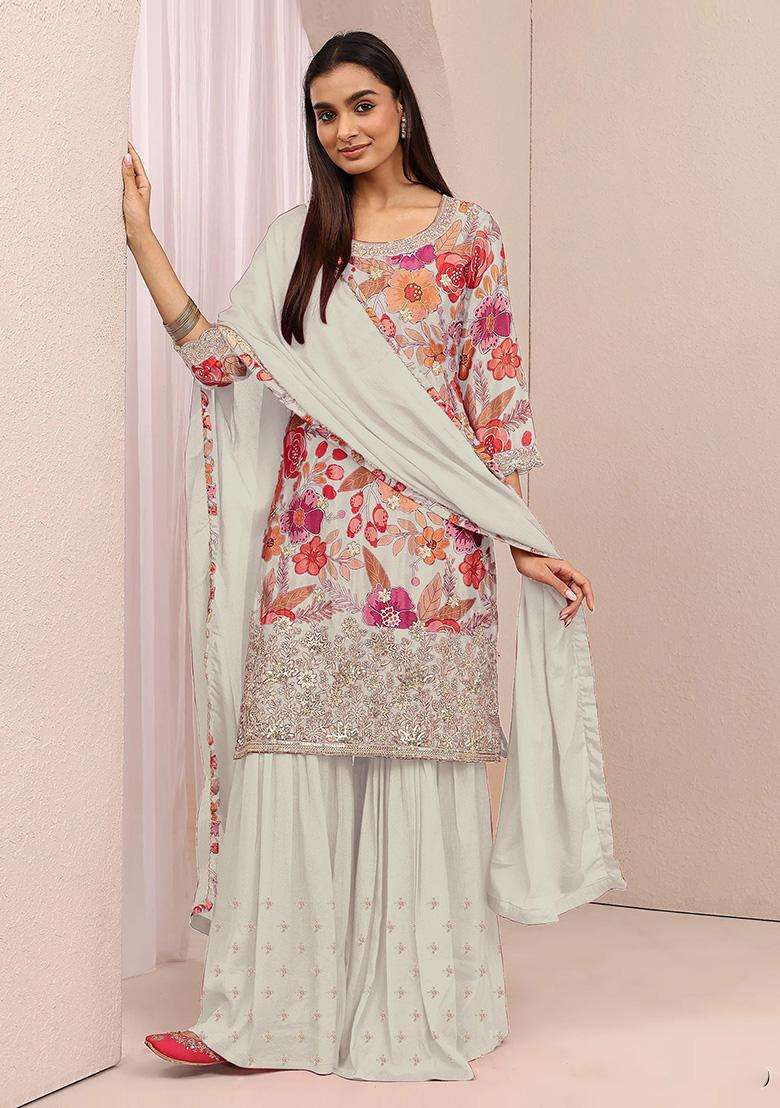 Off Sequin Work Silk Sharara Set - Indya