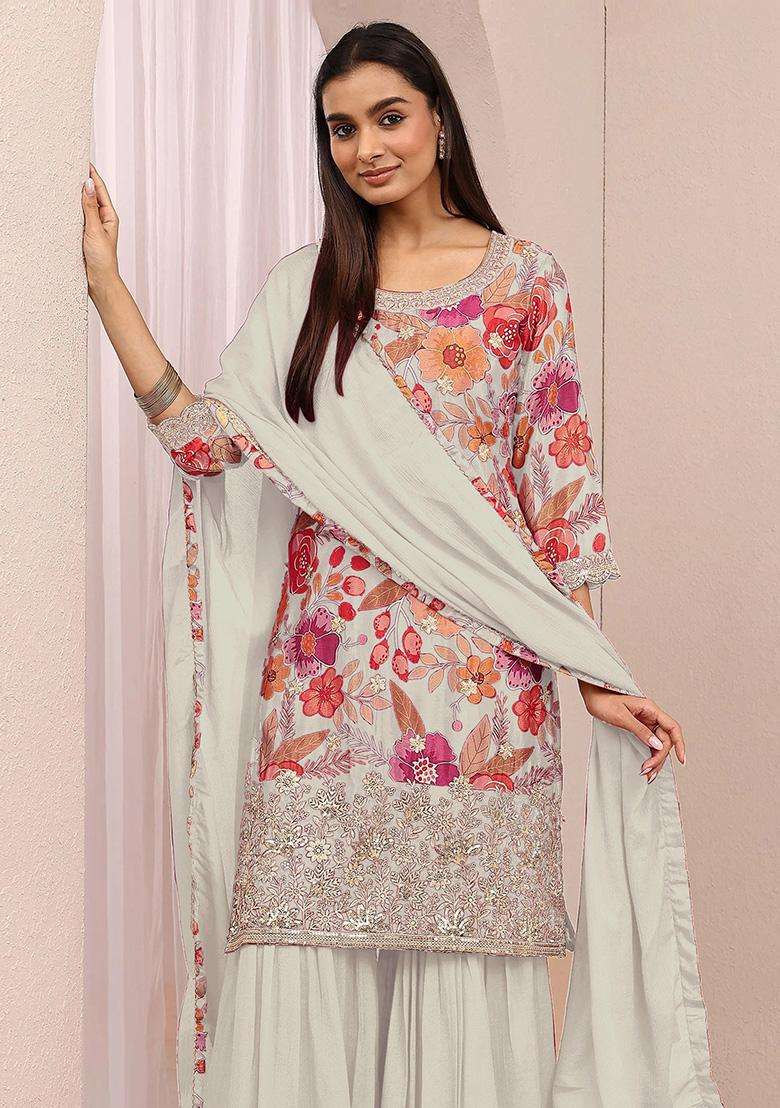 Off Sequin Work Silk Sharara Set - Indya