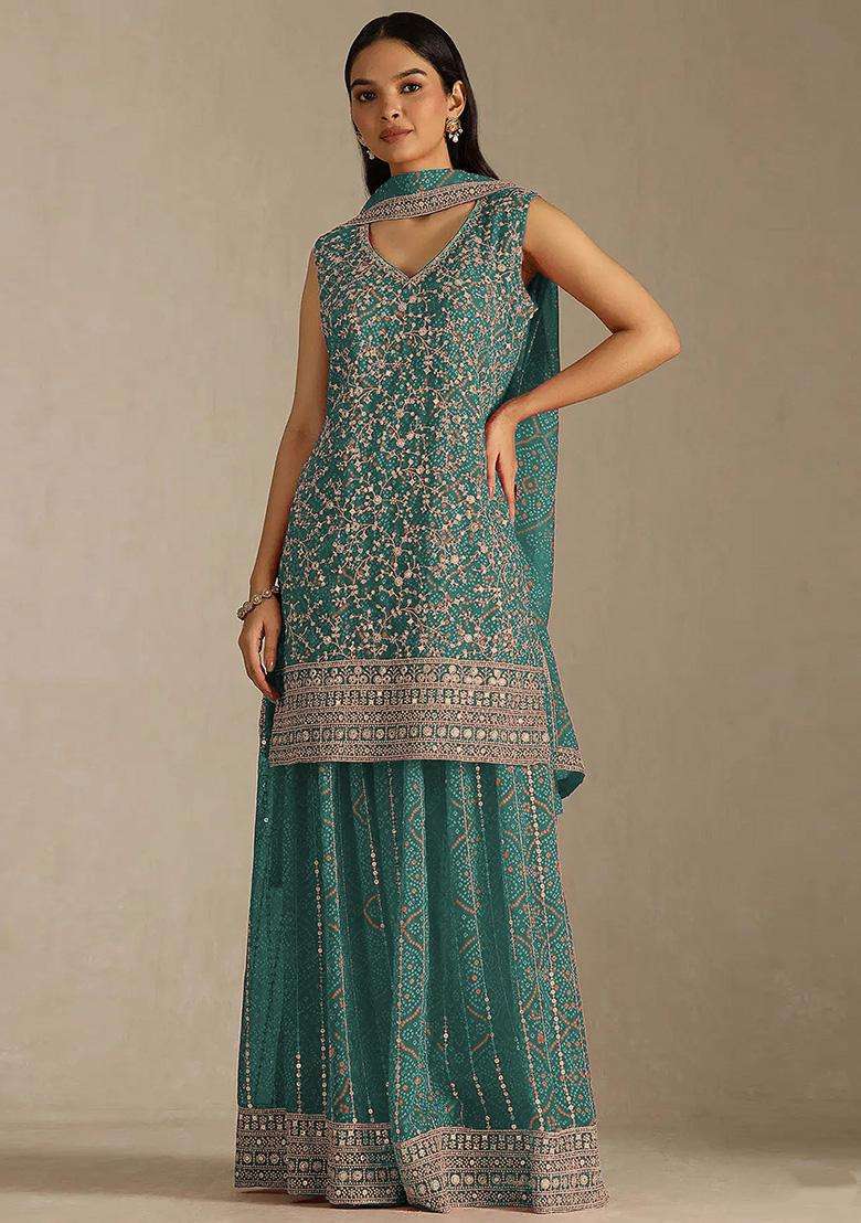 Sea Sequin Work Georgette Sharara Set - Indya