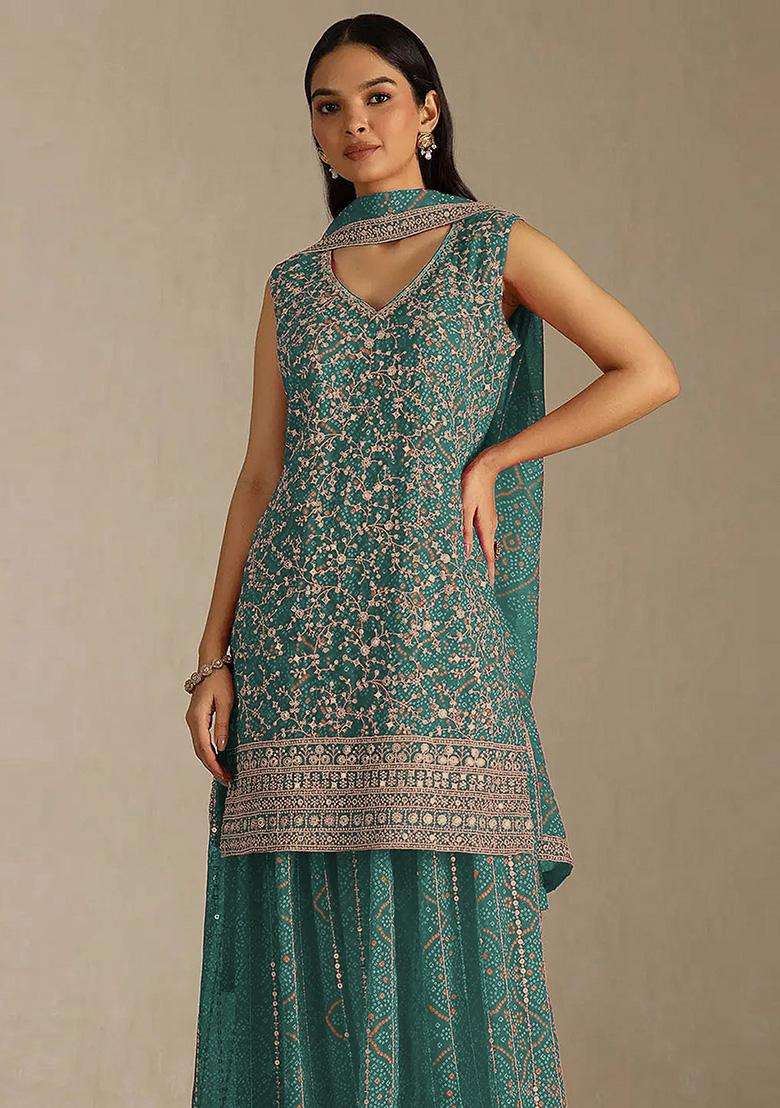 Sea Sequin Work Georgette Sharara Set - Indya