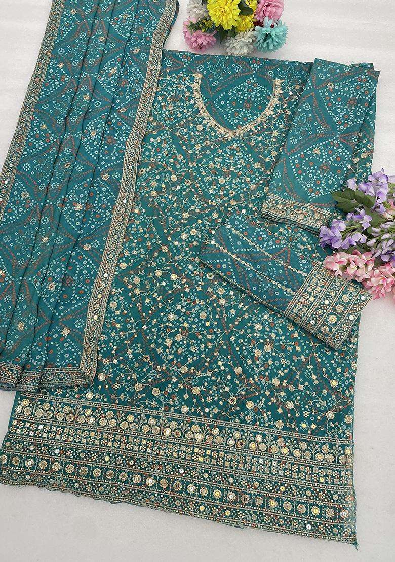 Sea Sequin Work Georgette Sharara Set - Indya