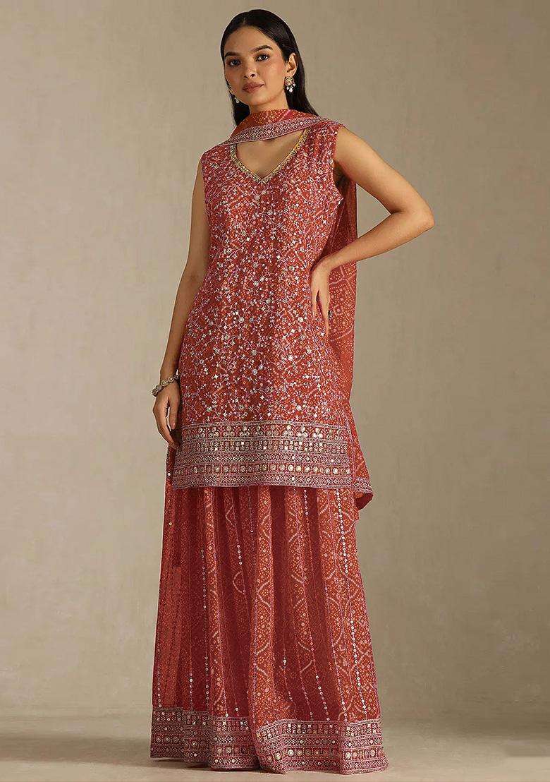 Rust Sequin Work Georgette Sharara Set - Indya
