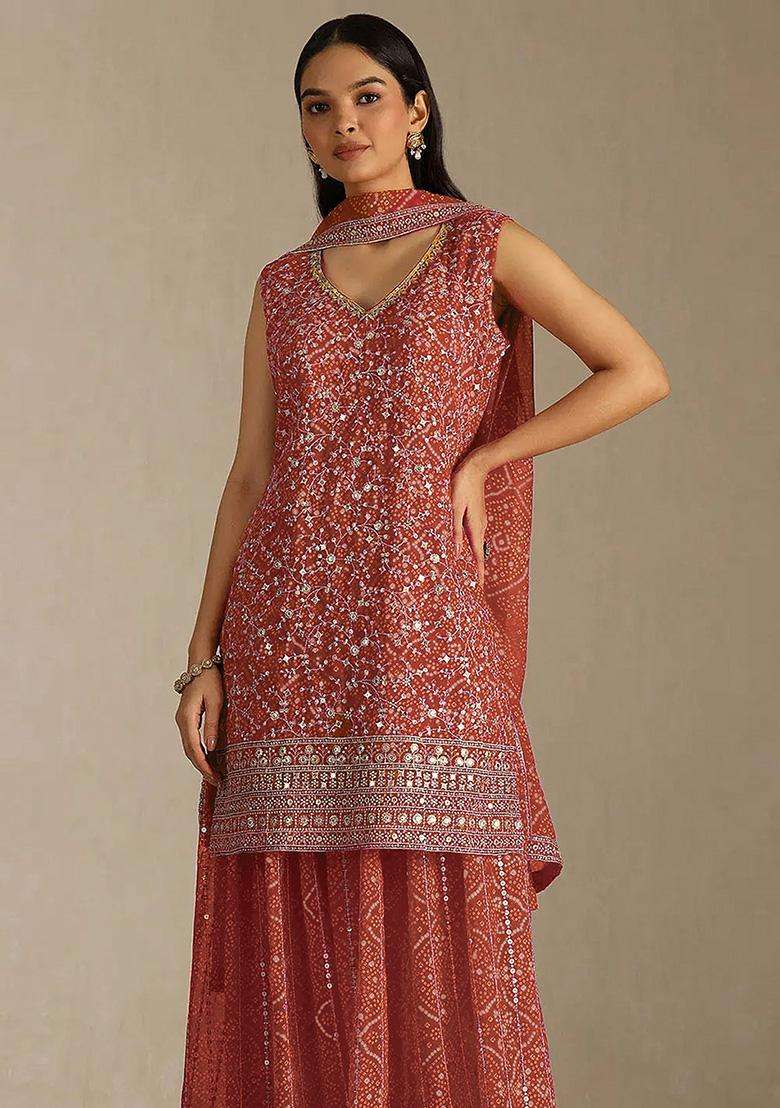 Rust Sequin Work Georgette Sharara Set - Indya