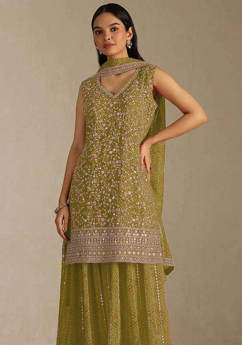 Mehendi Sequin Work Georgette Sharara Set - Indya