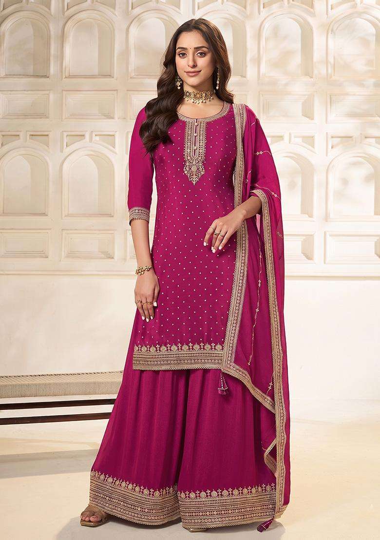 Magenta Sequin Work Silk Sharara Set - Indya
