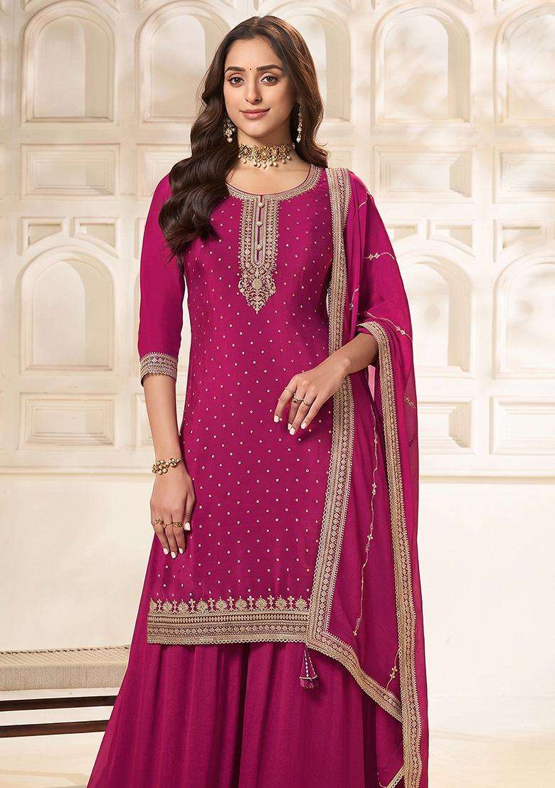 Magenta Sequin Work Silk Sharara Set - Indya