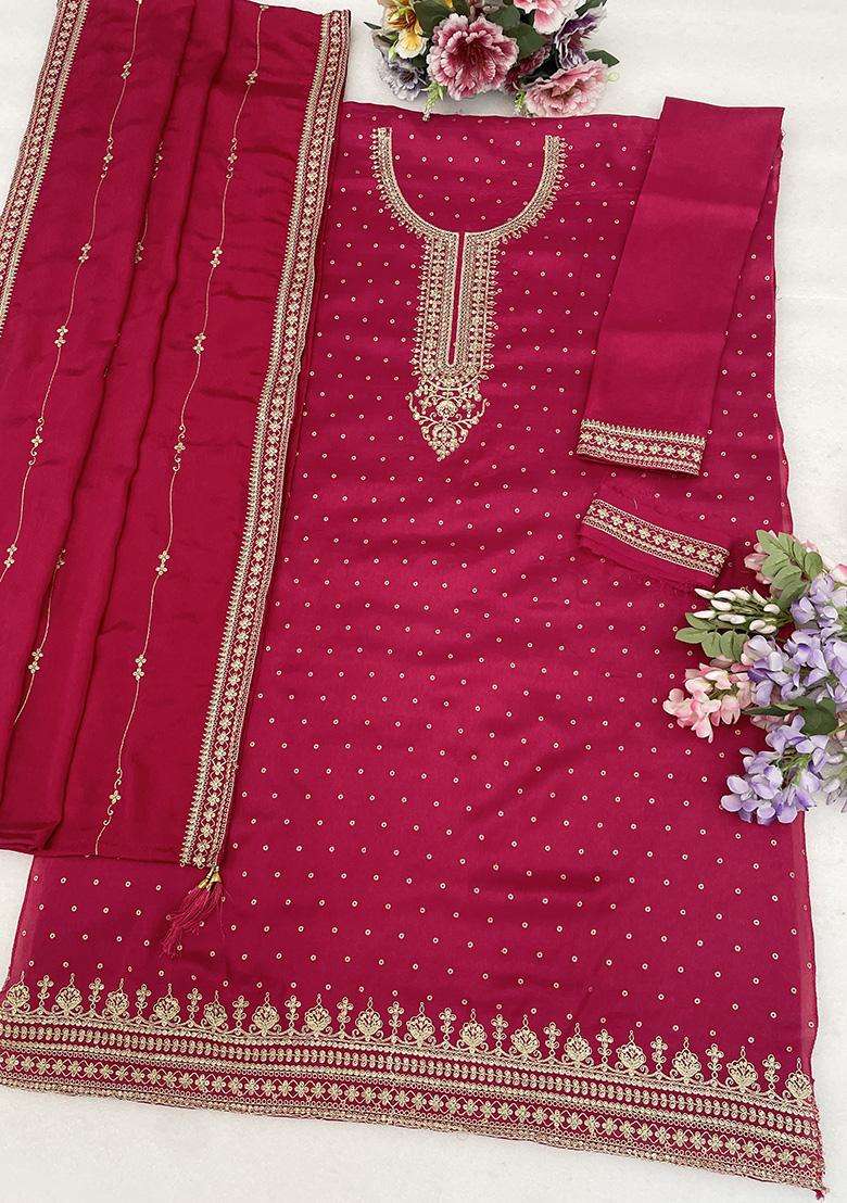 Magenta Sequin Work Silk Sharara Set - Indya